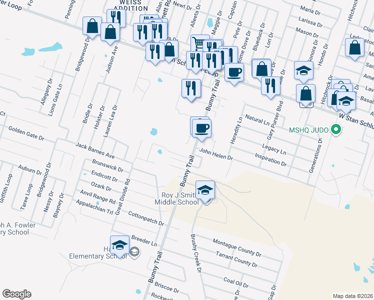 map of restaurants, bars, coffee shops, grocery stores, and more near 5605-5 Bunny Trail in Killeen
