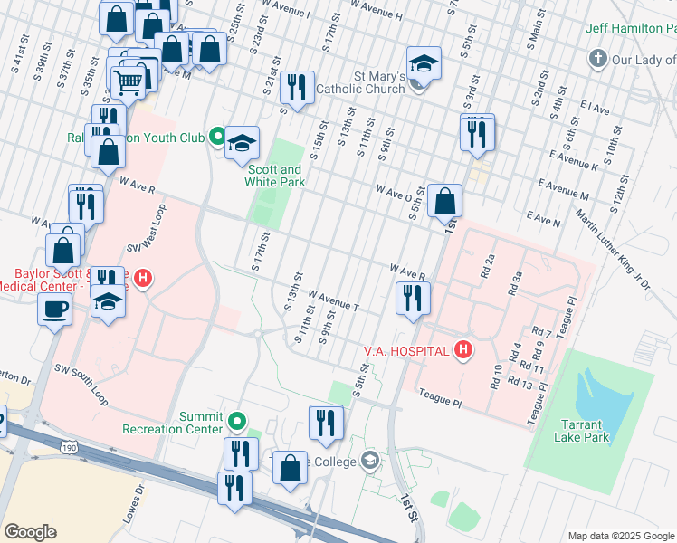 map of restaurants, bars, coffee shops, grocery stores, and more near 1818 South 9th Street in Temple