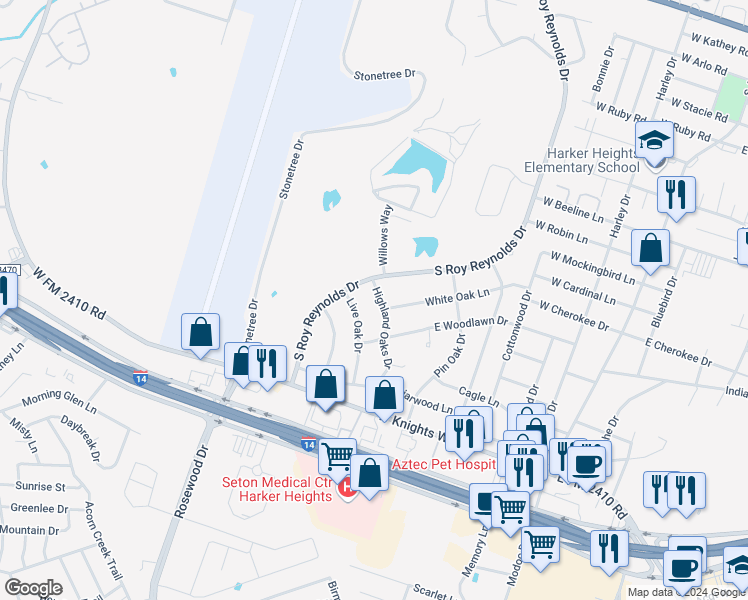 map of restaurants, bars, coffee shops, grocery stores, and more near 501 South Roy Reynolds Drive in Harker Heights