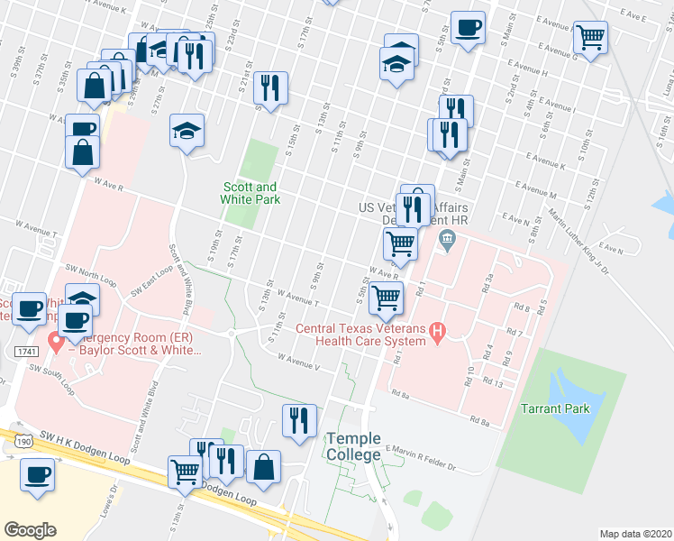 map of restaurants, bars, coffee shops, grocery stores, and more near 1810 South 7th Street in Temple