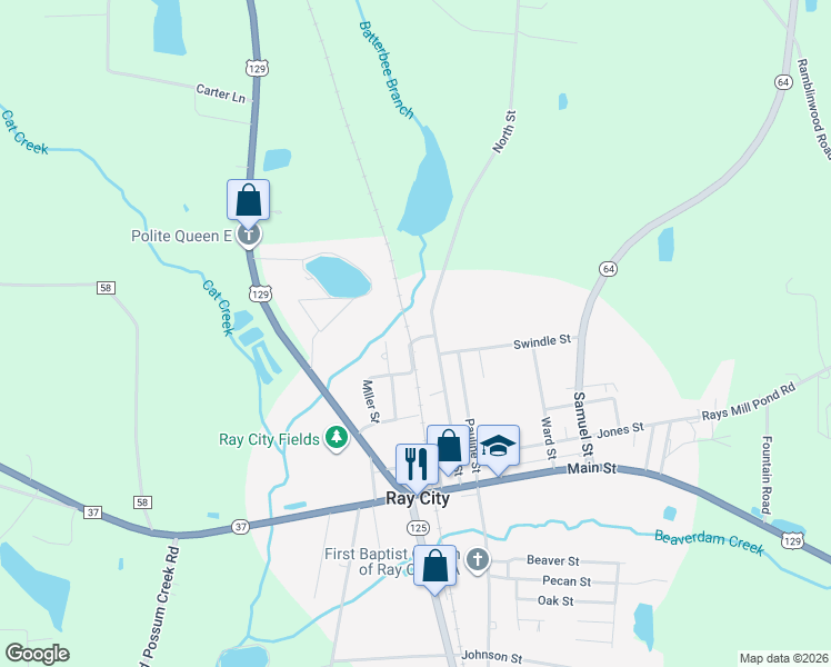 map of restaurants, bars, coffee shops, grocery stores, and more near 354 Miller Street in Ray City