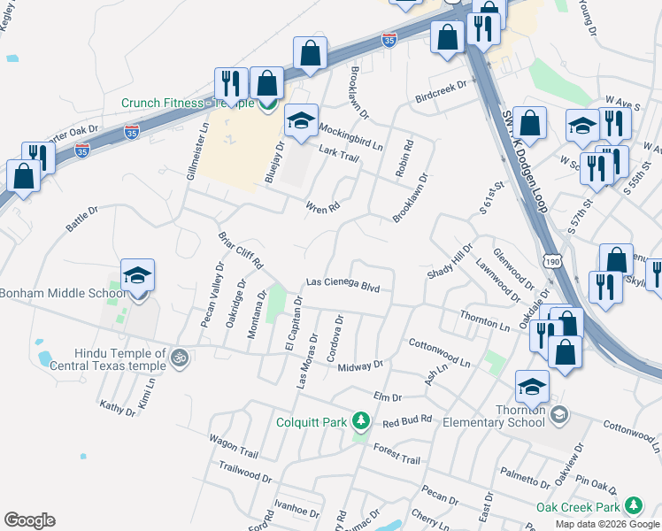 map of restaurants, bars, coffee shops, grocery stores, and more near 2817 Birdcreek Dr in Temple