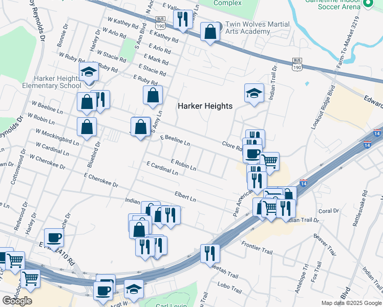 map of restaurants, bars, coffee shops, grocery stores, and more near 901 Daisy Drive in Harker Heights