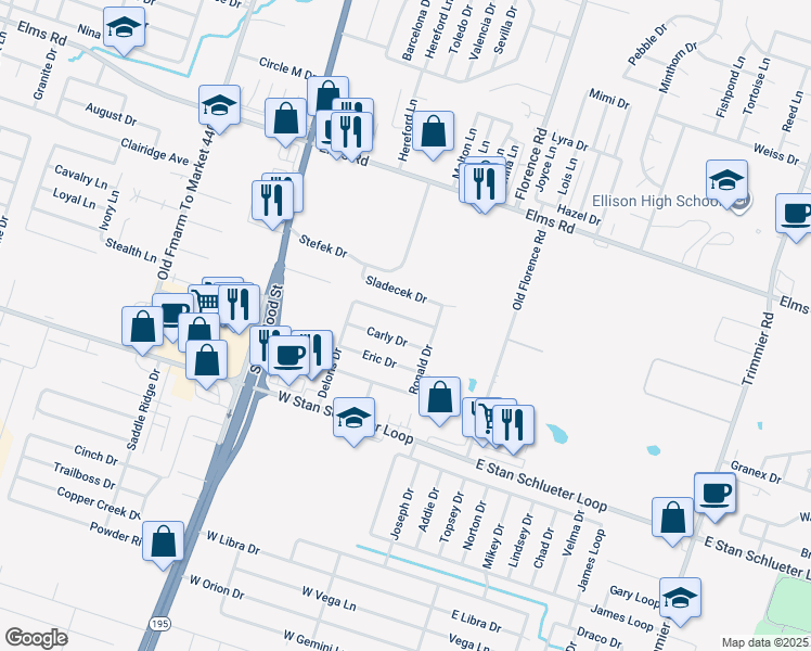 map of restaurants, bars, coffee shops, grocery stores, and more near 318 Deloris Drive in Killeen