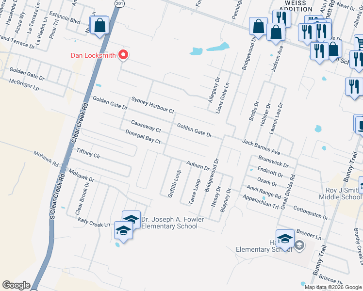map of restaurants, bars, coffee shops, grocery stores, and more near 4709 Donegal Bay Court in Killeen