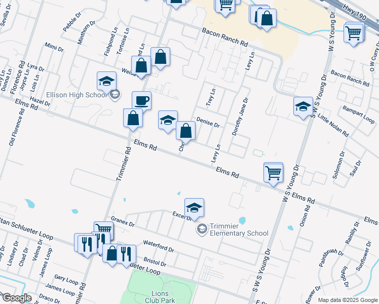 map of restaurants, bars, coffee shops, grocery stores, and more near 1505 East Elms Road in Killeen