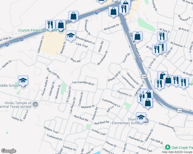 map of restaurants, bars, coffee shops, grocery stores, and more near 3606 Del Norte Boulevard in Temple