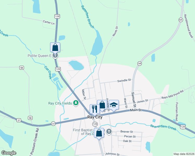 map of restaurants, bars, coffee shops, grocery stores, and more near 354 Miller Street in Ray City