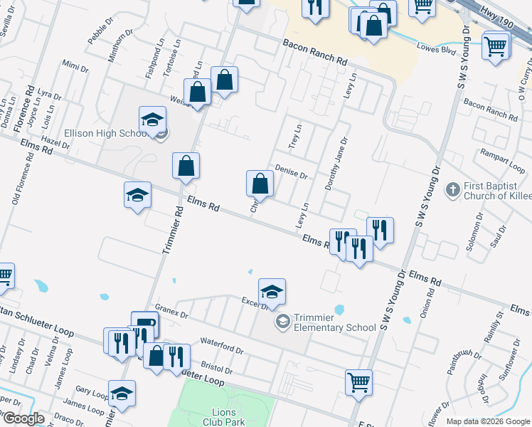 map of restaurants, bars, coffee shops, grocery stores, and more near 1505 East Elms Road in Killeen