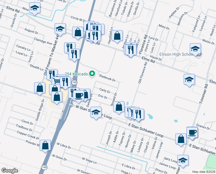 map of restaurants, bars, coffee shops, grocery stores, and more near 318 Deloris Drive in Killeen