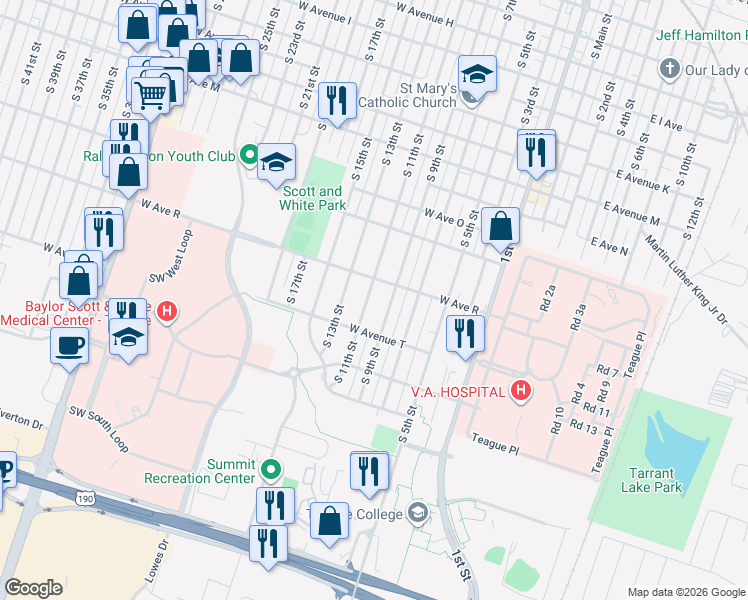 map of restaurants, bars, coffee shops, grocery stores, and more near 1818 South 9th Street in Temple