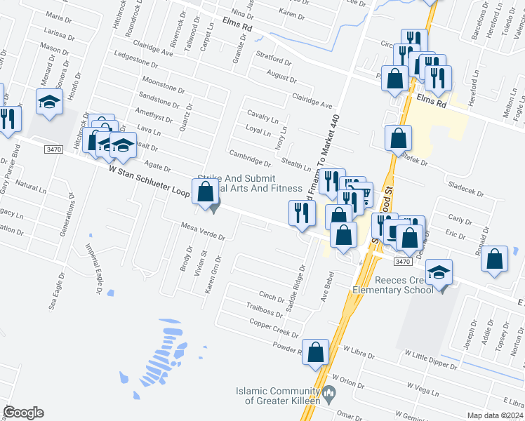 map of restaurants, bars, coffee shops, grocery stores, and more near 1325 West Stan Schlueter Loop in Killeen