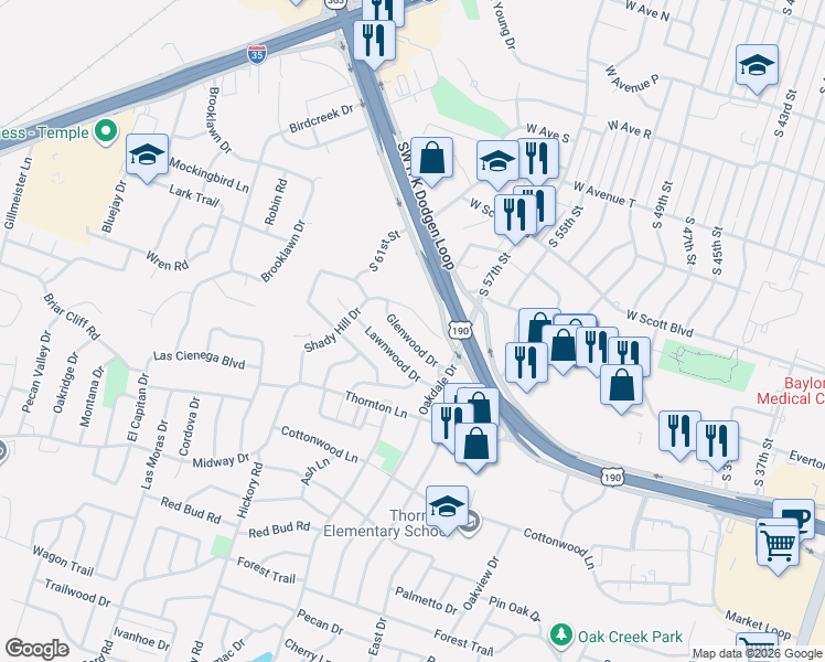 map of restaurants, bars, coffee shops, grocery stores, and more near 3114 Glenwood Drive in Temple