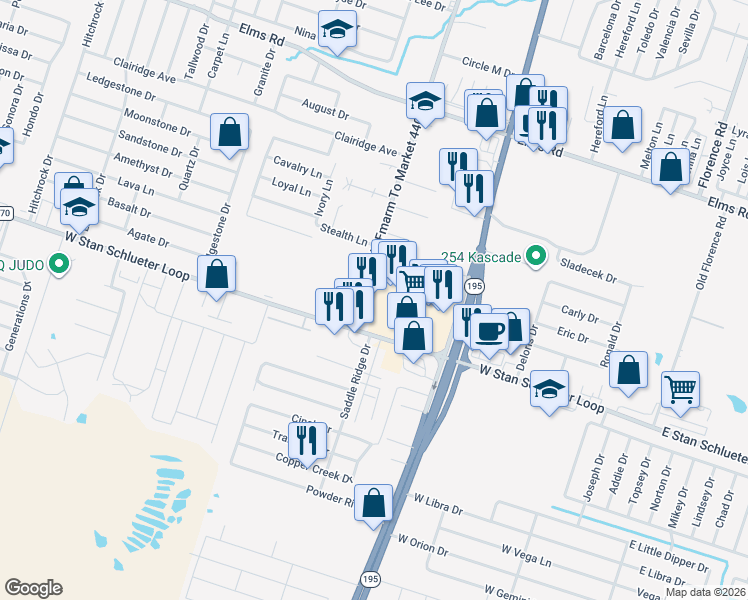 map of restaurants, bars, coffee shops, grocery stores, and more near 4600 Old FM 440 Road in Killeen