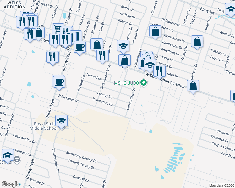map of restaurants, bars, coffee shops, grocery stores, and more near 2605 Legacy Lane in Killeen