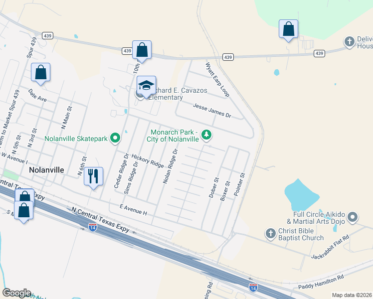 map of restaurants, bars, coffee shops, grocery stores, and more near 303 West Willow Street in Nolanville