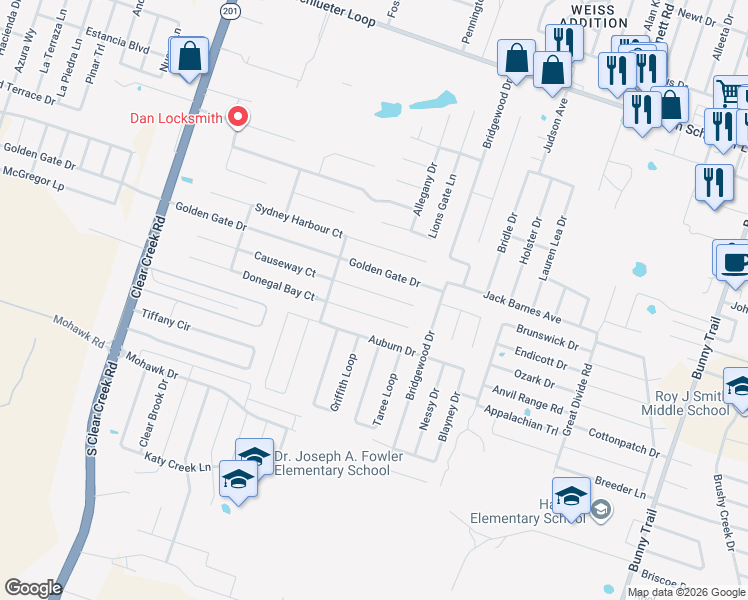 map of restaurants, bars, coffee shops, grocery stores, and more near 4600 Causeway Court in Killeen