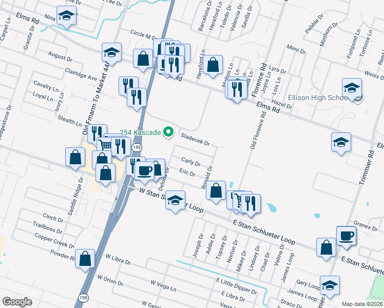 map of restaurants, bars, coffee shops, grocery stores, and more near 410 Deloris Drive in Killeen