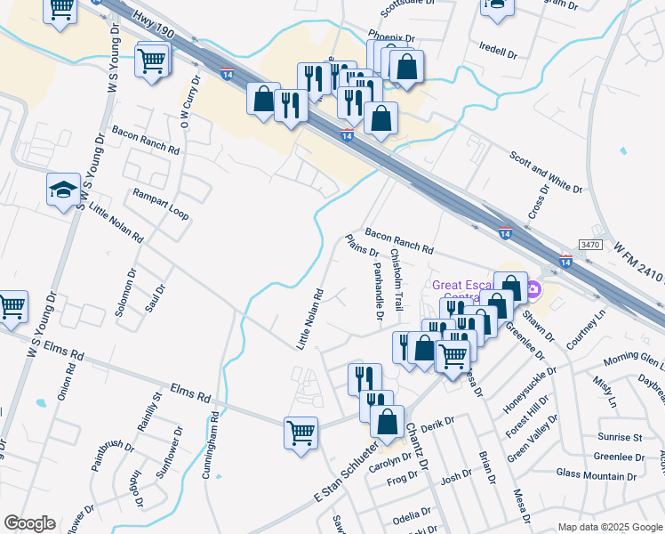 map of restaurants, bars, coffee shops, grocery stores, and more near 3100 Little Nolan Road in Killeen