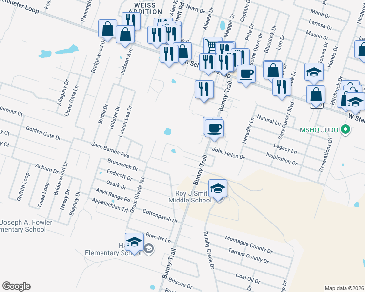 map of restaurants, bars, coffee shops, grocery stores, and more near 5607 Bunny Trail in Killeen
