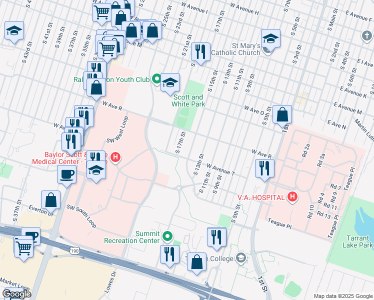 map of restaurants, bars, coffee shops, grocery stores, and more near 1911 South 15th Street in Temple