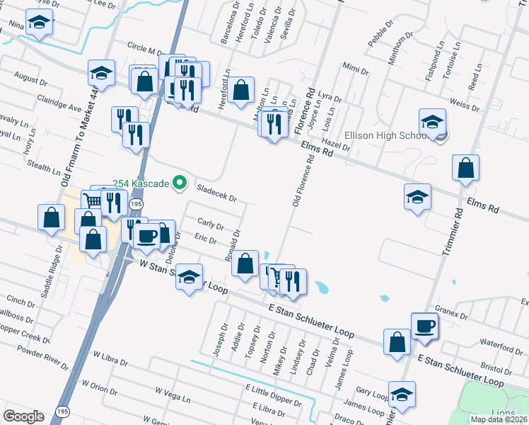 map of restaurants, bars, coffee shops, grocery stores, and more near 4309 Old Florence Road in Killeen