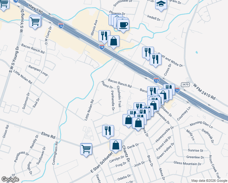 map of restaurants, bars, coffee shops, grocery stores, and more near 3007 Chisholm Trail in Killeen