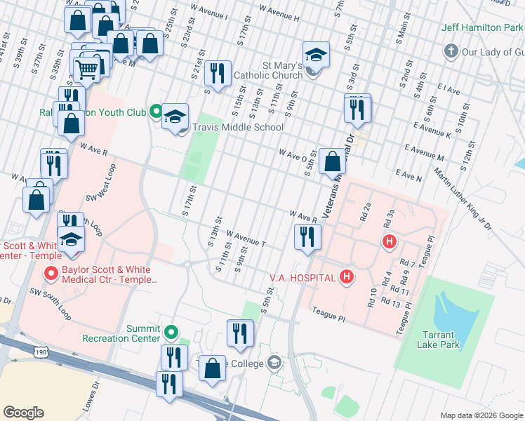 map of restaurants, bars, coffee shops, grocery stores, and more near 1818 South 9th Street in Temple