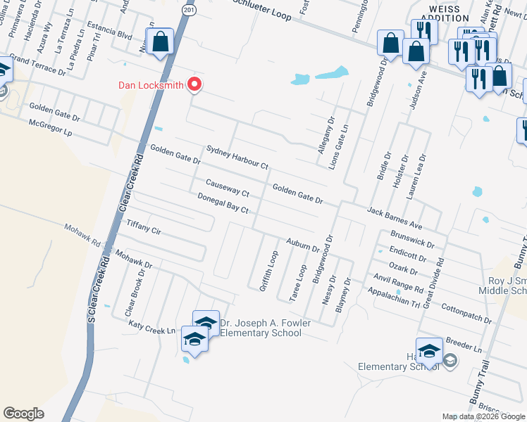 map of restaurants, bars, coffee shops, grocery stores, and more near 4709 Donegal Bay Court in Killeen