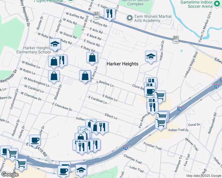 map of restaurants, bars, coffee shops, grocery stores, and more near 911 Travis Lane in Harker Heights