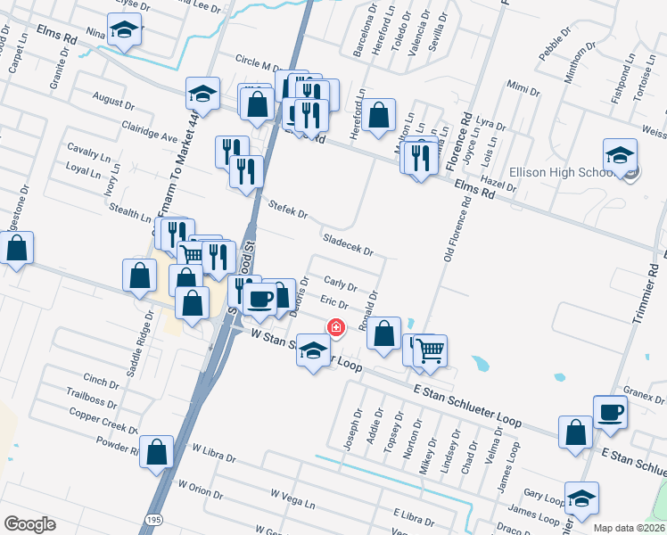 map of restaurants, bars, coffee shops, grocery stores, and more near 505 Carly Drive in Killeen