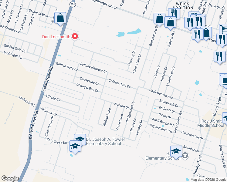 map of restaurants, bars, coffee shops, grocery stores, and more near 4709 Donegal Bay Court in Killeen