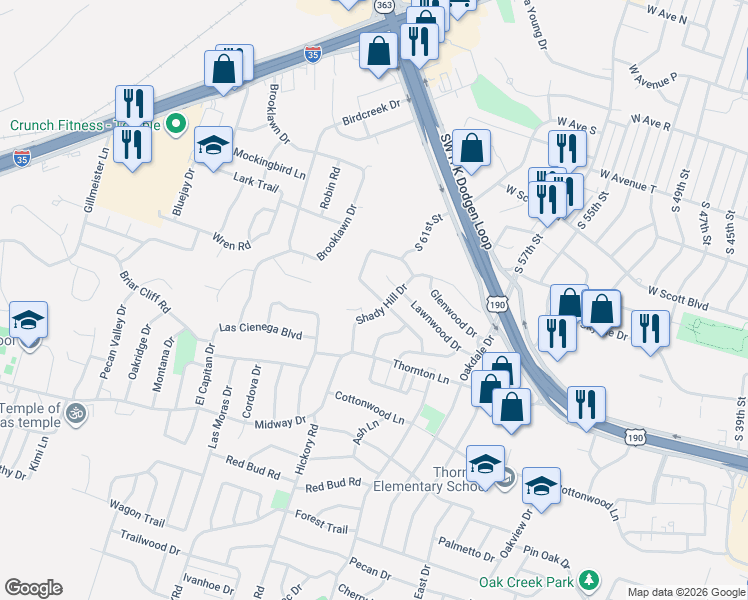 map of restaurants, bars, coffee shops, grocery stores, and more near 2701 Shady Hill Drive in Temple