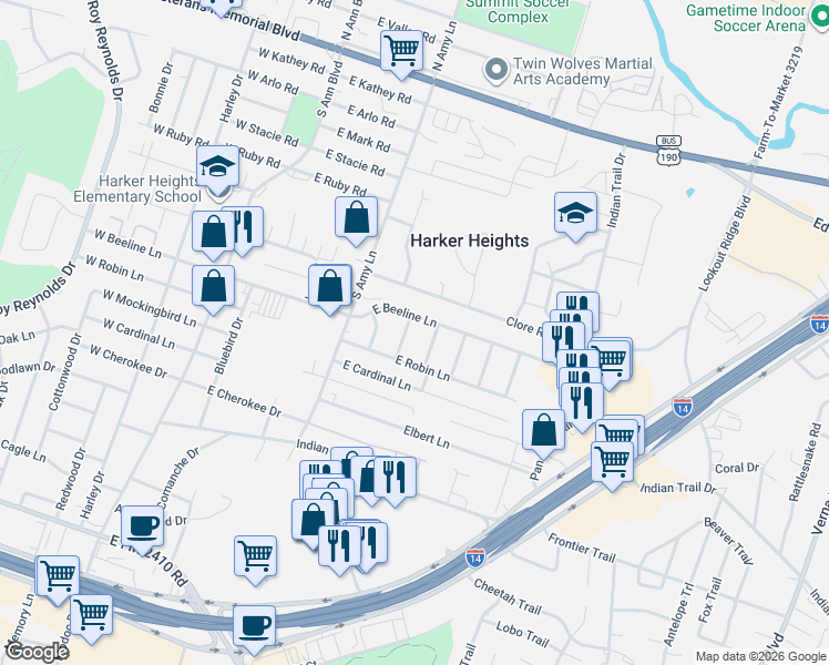 map of restaurants, bars, coffee shops, grocery stores, and more near 911 Travis Lane in Harker Heights