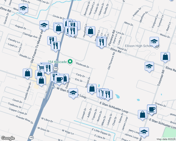 map of restaurants, bars, coffee shops, grocery stores, and more near 203 Sladecek Drive in Killeen