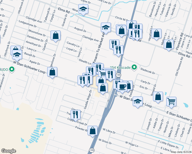 map of restaurants, bars, coffee shops, grocery stores, and more near 4600 Old FM 440 Road in Killeen