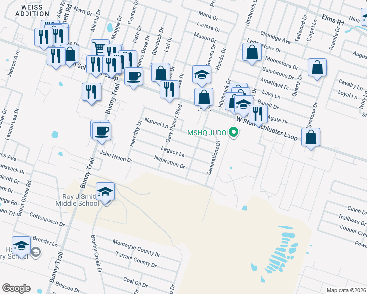 map of restaurants, bars, coffee shops, grocery stores, and more near 2605 Legacy Lane in Killeen