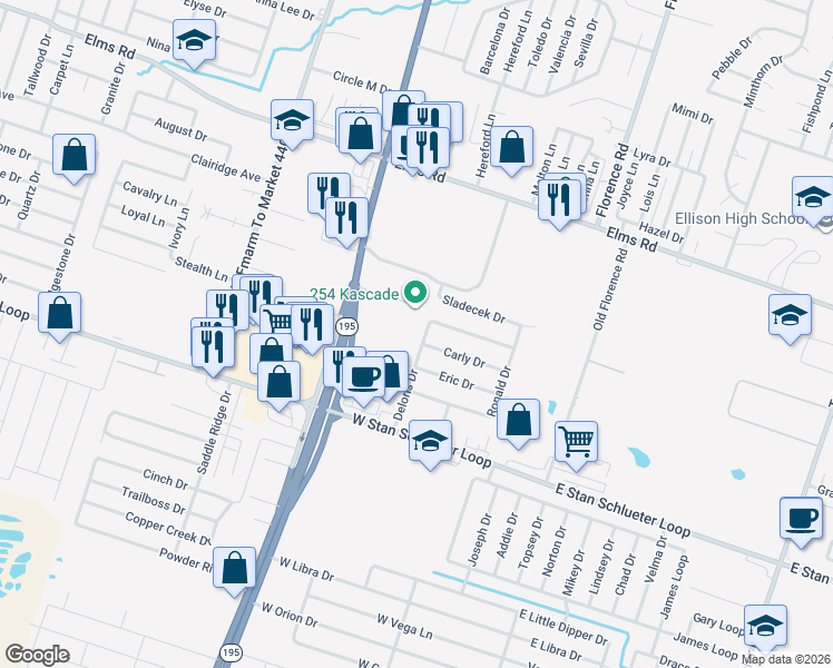 map of restaurants, bars, coffee shops, grocery stores, and more near 609 Deloris Drive in Killeen