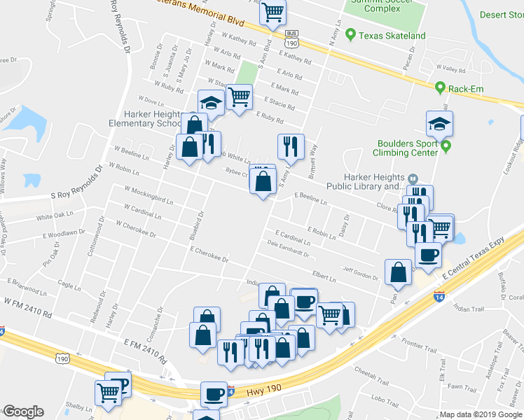 map of restaurants, bars, coffee shops, grocery stores, and more near 126 East Beeline Lane in Harker Heights