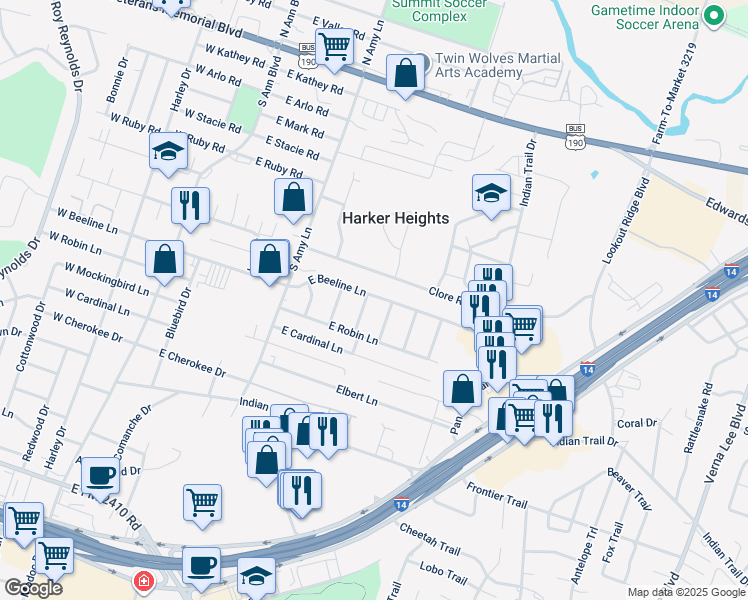 map of restaurants, bars, coffee shops, grocery stores, and more near 901 Daisy Drive in Harker Heights