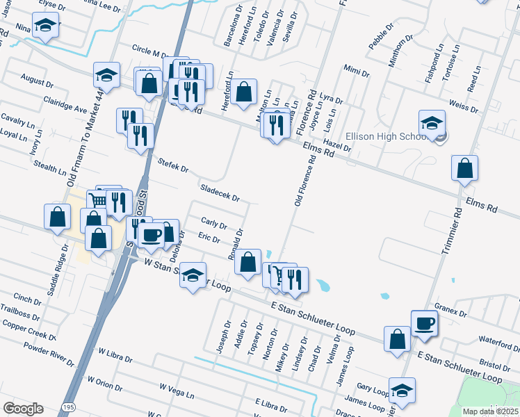 map of restaurants, bars, coffee shops, grocery stores, and more near 203 Sladecek Drive in Killeen