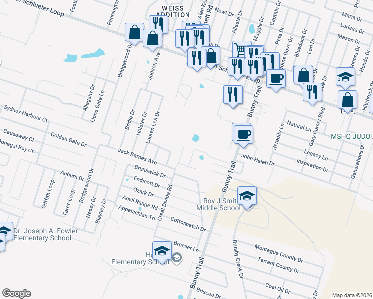 map of restaurants, bars, coffee shops, grocery stores, and more near 5603 Bunny Trail in Killeen