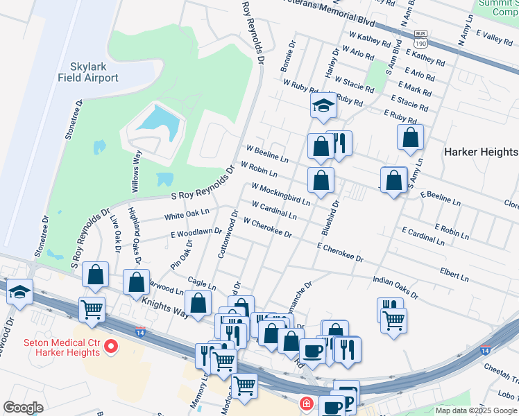 map of restaurants, bars, coffee shops, grocery stores, and more near 209 West Cardinal Lane in Harker Heights