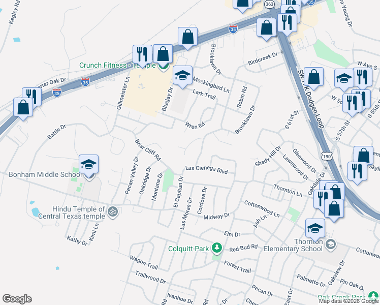 map of restaurants, bars, coffee shops, grocery stores, and more near 2817 Birdcreek Drive in Temple