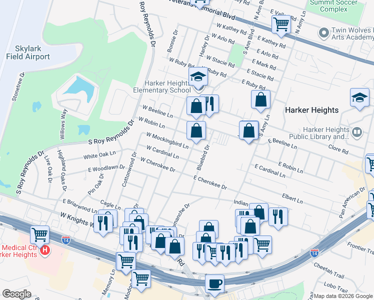 map of restaurants, bars, coffee shops, grocery stores, and more near 103 West Cardinal Lane in Harker Heights
