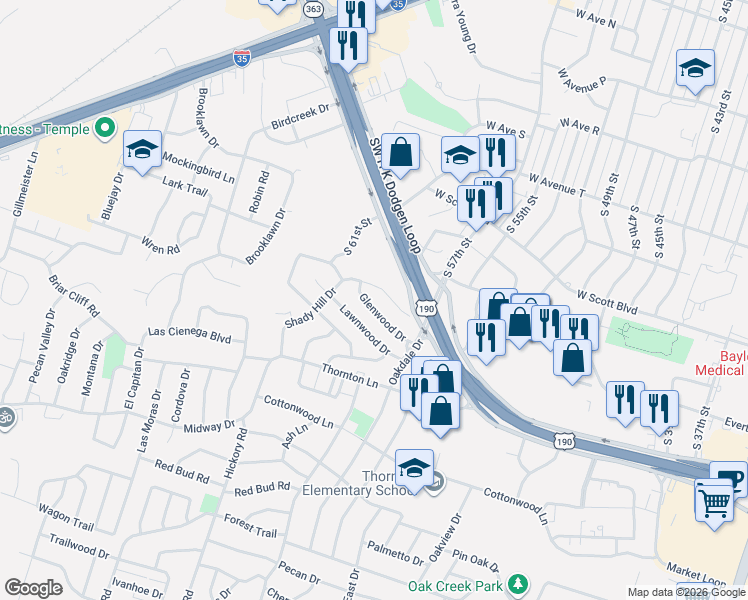map of restaurants, bars, coffee shops, grocery stores, and more near 3114 Glenwood Drive in Temple