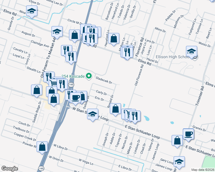 map of restaurants, bars, coffee shops, grocery stores, and more near 318 Deloris Drive in Killeen