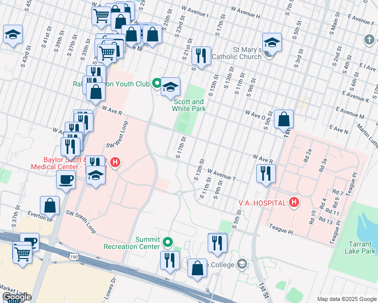 map of restaurants, bars, coffee shops, grocery stores, and more near 1911 South 15th Street in Temple