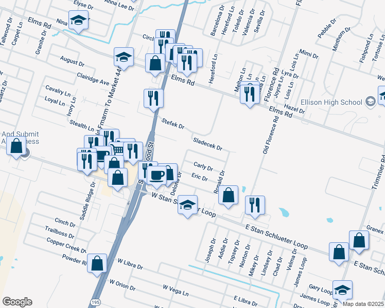 map of restaurants, bars, coffee shops, grocery stores, and more near 505 Carly Drive in Killeen