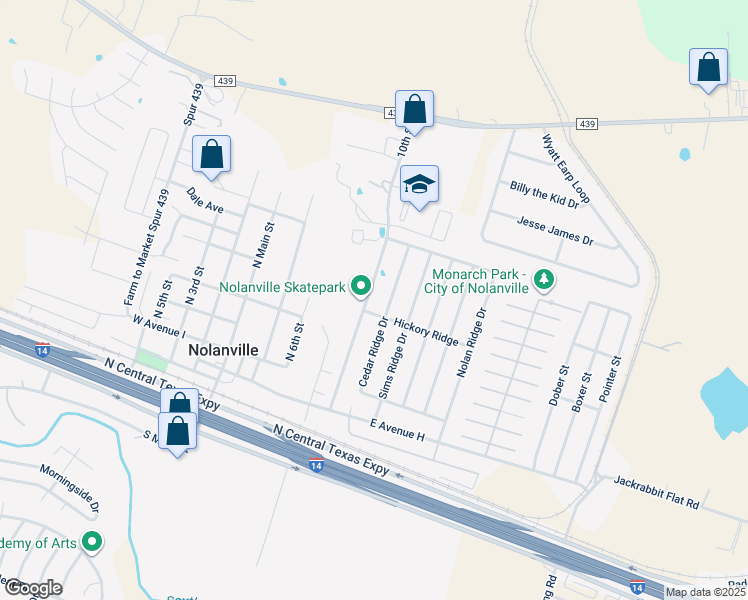 map of restaurants, bars, coffee shops, grocery stores, and more near 227 Cedar Ridge Drive in Nolanville